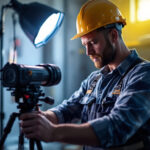 A photograph of a lighting contractor at work