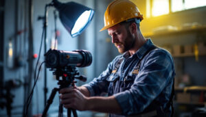 A photograph of a lighting contractor at work