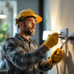 A photograph of a skilled lighting contractor installing or inspecting electrical wall plugs in a well-lit residential setting