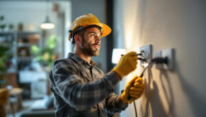 A photograph of a skilled lighting contractor installing or inspecting electrical wall plugs in a well-lit residential setting