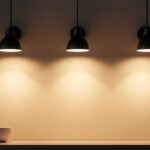 A photograph of a well-lit interior space showcasing three stylish pot lights installed in a modern setting