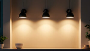 A photograph of a well-lit interior space showcasing three stylish pot lights installed in a modern setting