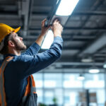 A photograph of a lighting contractor installing overhead fixtures in a commercial space