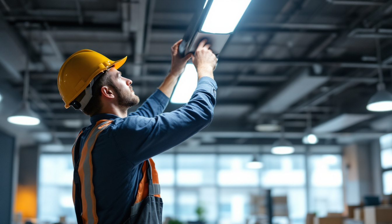 A photograph of a lighting contractor installing overhead fixtures in a commercial space