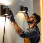 A photograph of a lighting contractor skillfully installing a stylish wall led light in a modern interior setting