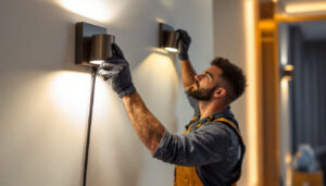 A photograph of a lighting contractor skillfully installing a stylish wall led light in a modern interior setting