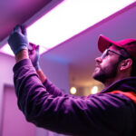 A photograph of a lighting contractor efficiently installing led fixtures in a residential or commercial setting