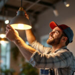 A photograph of a skilled lighting contractor expertly installing or adjusting a modern lighting fixture in a beautifully lit space