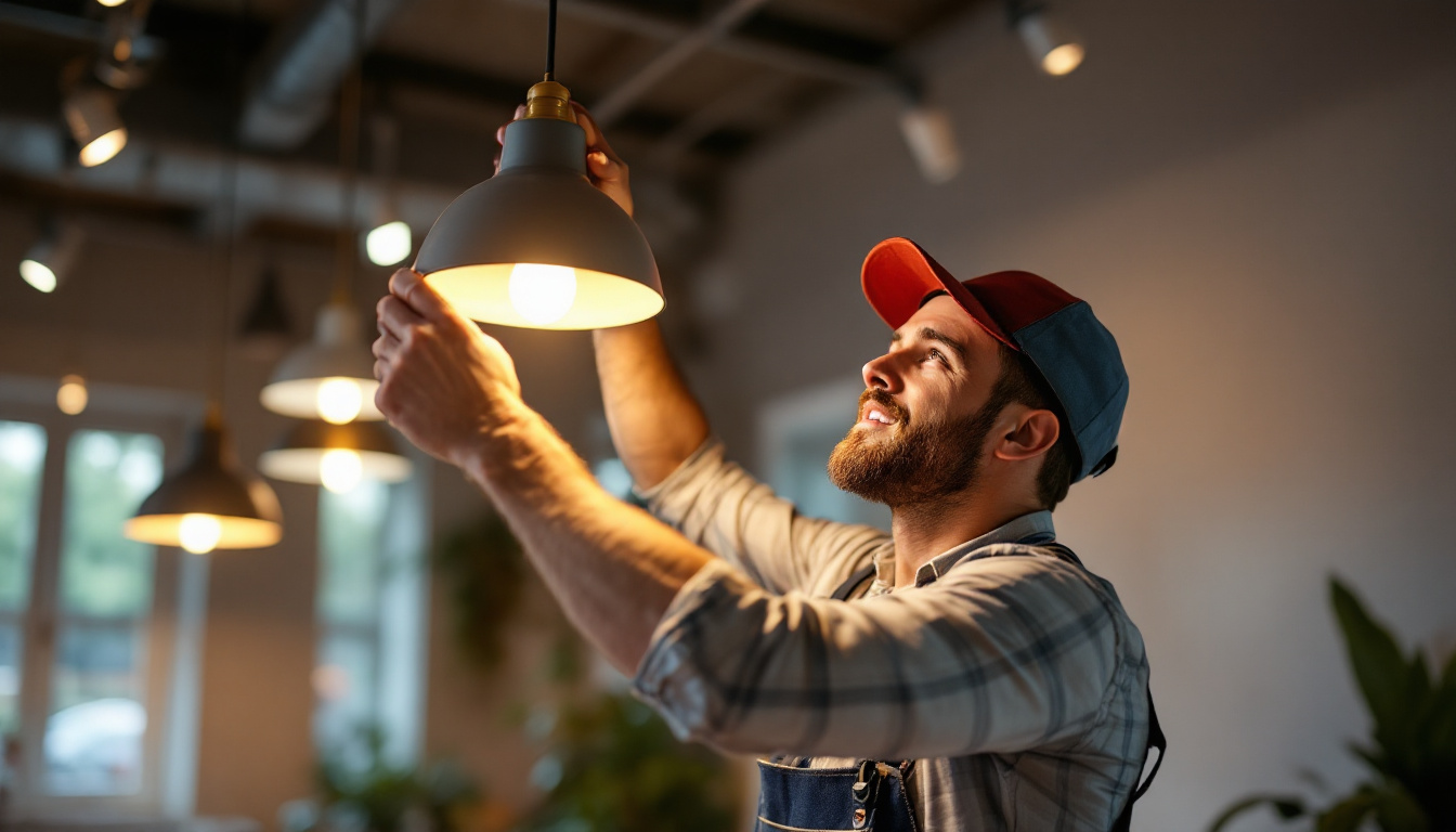 A photograph of a skilled lighting contractor expertly installing or adjusting a modern lighting fixture in a beautifully lit space
