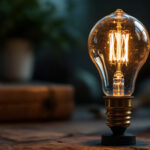 A photograph of a beautifully styled vintage led bulb illuminated in a cozy