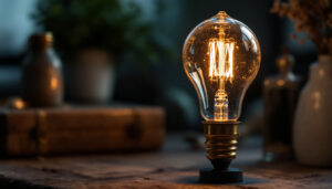 A photograph of a beautifully styled vintage led bulb illuminated in a cozy