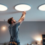 A photograph of a professional lighting contractor installing recessed led lights in a modern home setting