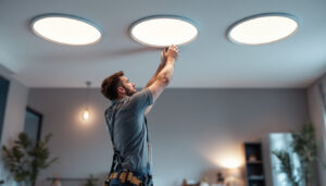 A photograph of a professional lighting contractor installing recessed led lights in a modern home setting