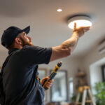 A photograph of a lighting contractor installing recessed lighting canisters in a modern home setting