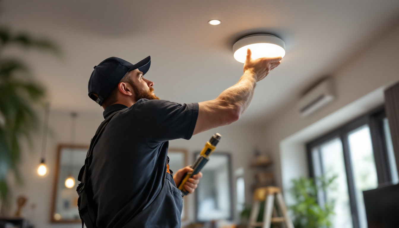 A photograph of a lighting contractor installing recessed lighting canisters in a modern home setting