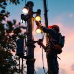 A photograph of a lighting contractor expertly installing or adjusting a series of vibrant