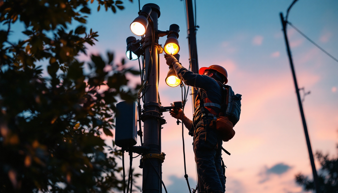 A photograph of a lighting contractor expertly installing or adjusting a series of vibrant
