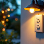 A photograph of a well-lit outdoor space featuring an electrical outlet integrated into stylish outdoor lighting fixtures