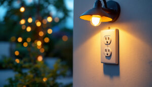 A photograph of a well-lit outdoor space featuring an electrical outlet integrated into stylish outdoor lighting fixtures