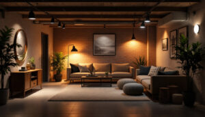 A photograph of a well-lit basement space showcasing a variety of lighting options