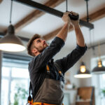 A photograph of a skilled lighting contractor at work