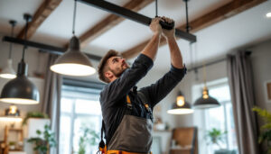 A photograph of a skilled lighting contractor at work