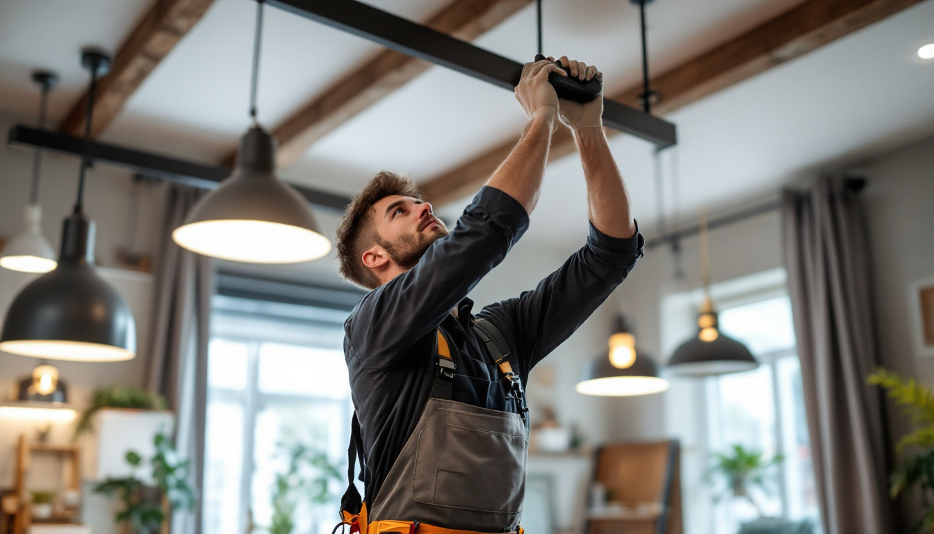 A photograph of a skilled lighting contractor at work