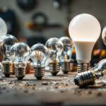 A photograph of a close-up shot of various light bulb bases arranged artistically on a workbench