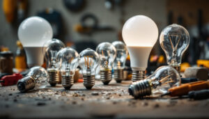 A photograph of a close-up shot of various light bulb bases arranged artistically on a workbench