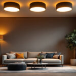 A photograph of a modern room featuring drop ceiling pot lights in action