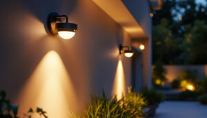 A photograph of a well-lit outdoor space featuring stylish motion detector light fixtures in action
