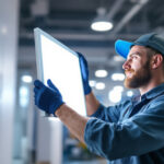 A photograph of a lighting contractor installing or showcasing a 2x2 led panel in a commercial space
