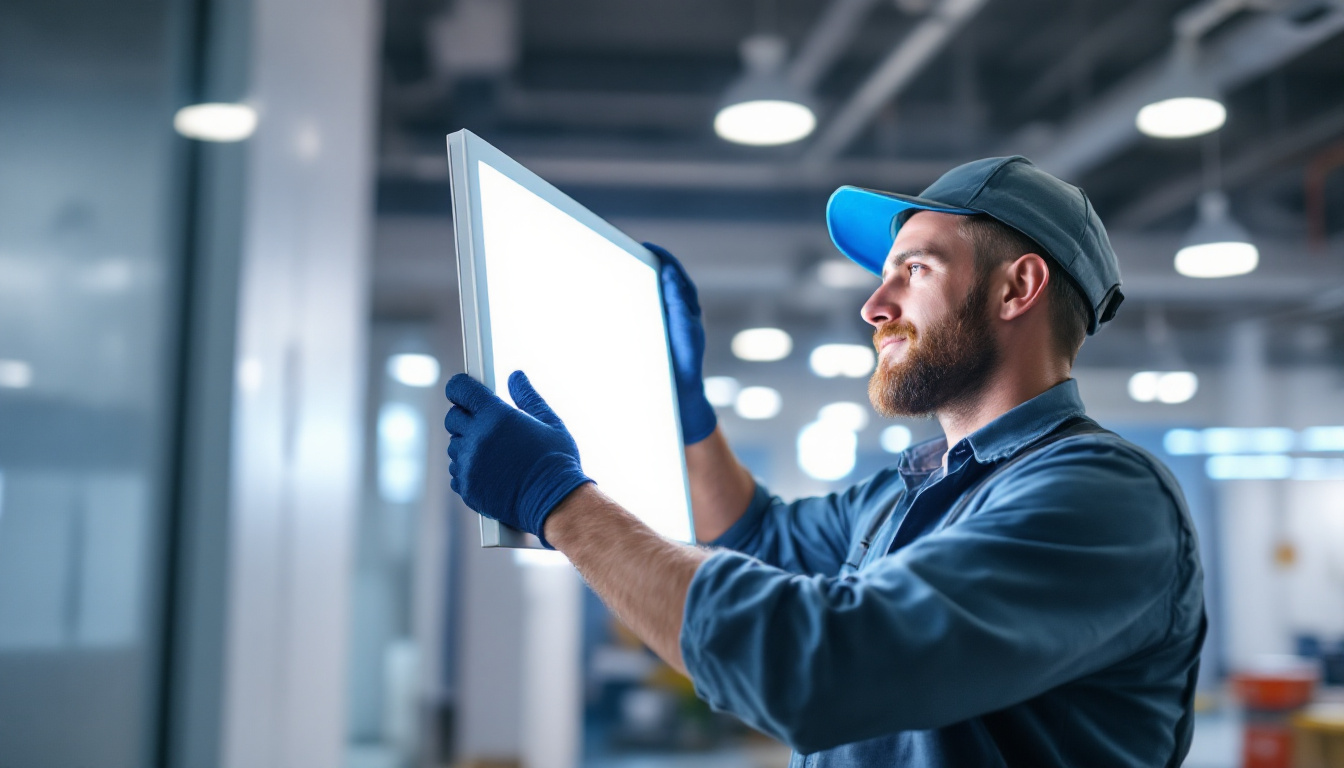 A photograph of a lighting contractor installing or showcasing a 2x2 led panel in a commercial space