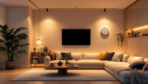 A photograph of a beautifully designed living space showcasing sleek retrofit led recessed lighting