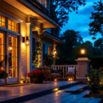 A photograph of a beautifully illuminated porch at dusk