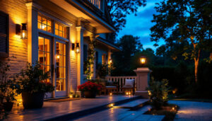 A photograph of a beautifully illuminated porch at dusk