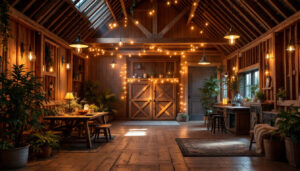 A photograph of a beautifully lit barn interior showcasing various lighting fixtures in use