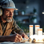 A photograph of a lighting contractor examining various sylvania osram products in a well-lit workspace