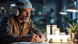 A photograph of a lighting contractor examining various sylvania osram products in a well-lit workspace