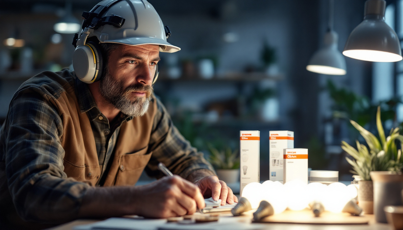 A photograph of a lighting contractor examining various sylvania osram products in a well-lit workspace