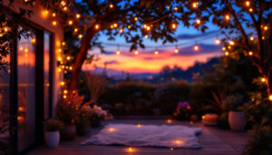 A photograph of a beautifully lit outdoor space adorned with vibrant led string lights
