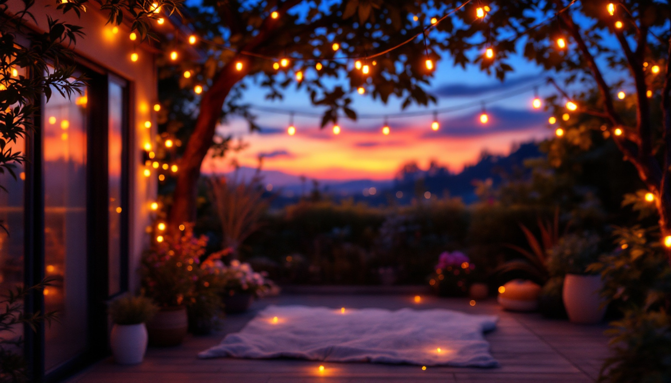 A photograph of a beautifully lit outdoor space adorned with vibrant led string lights