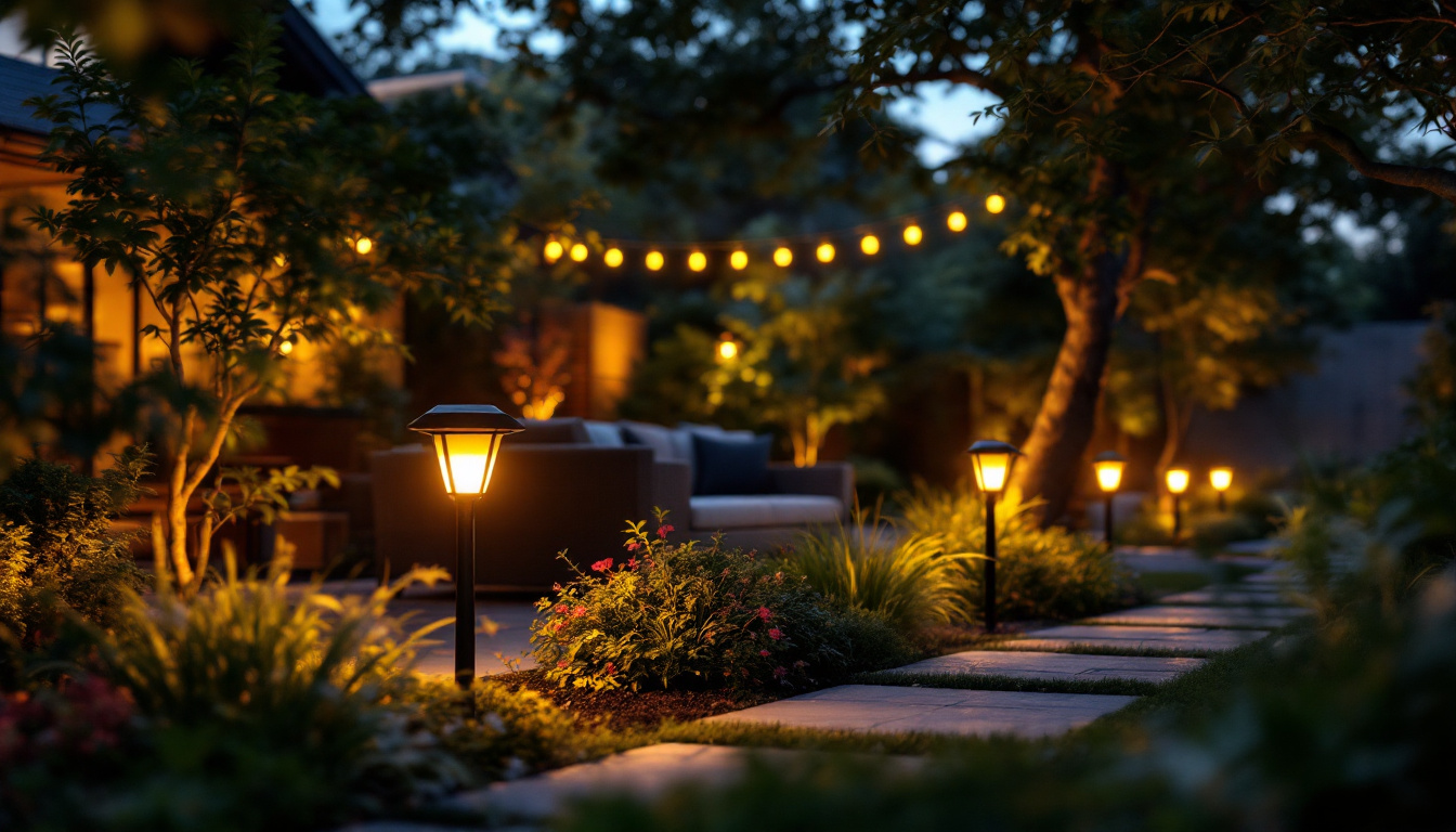 A photograph of a beautifully illuminated outdoor space featuring solar-powered lighting fixtures