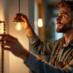A photograph of a skilled lighting contractor demonstrating the installation of a light sensor pull chain in a stylishly lit room
