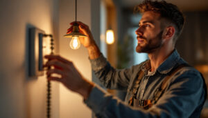 A photograph of a skilled lighting contractor demonstrating the installation of a light sensor pull chain in a stylishly lit room