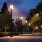 A photograph of a well-lit outdoor space featuring various styles of light posts