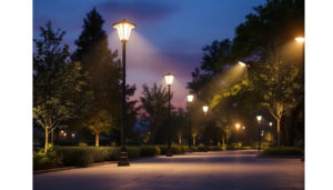 A photograph of a well-lit outdoor space featuring various styles of light posts