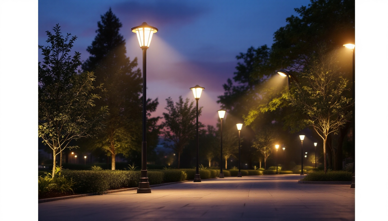 A photograph of a well-lit outdoor space featuring various styles of light posts