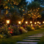 A photograph of a beautifully illuminated garden at dusk