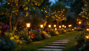 A photograph of a beautifully illuminated garden at dusk